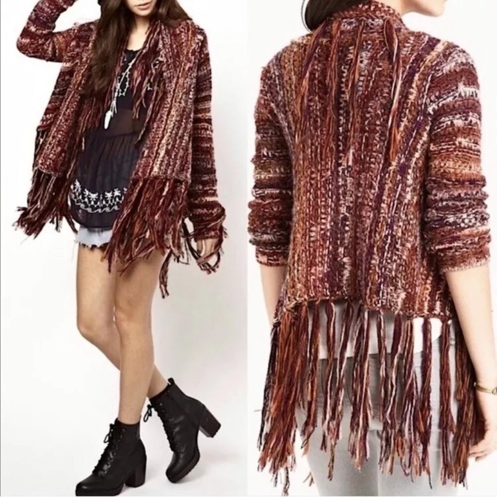 Free People Boho Tassel Fringe Cardigan Sweater | Multi-Berry | Size S